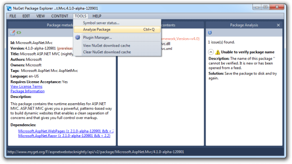 Microsoft.AspNet.Mvc with "Analyze package"